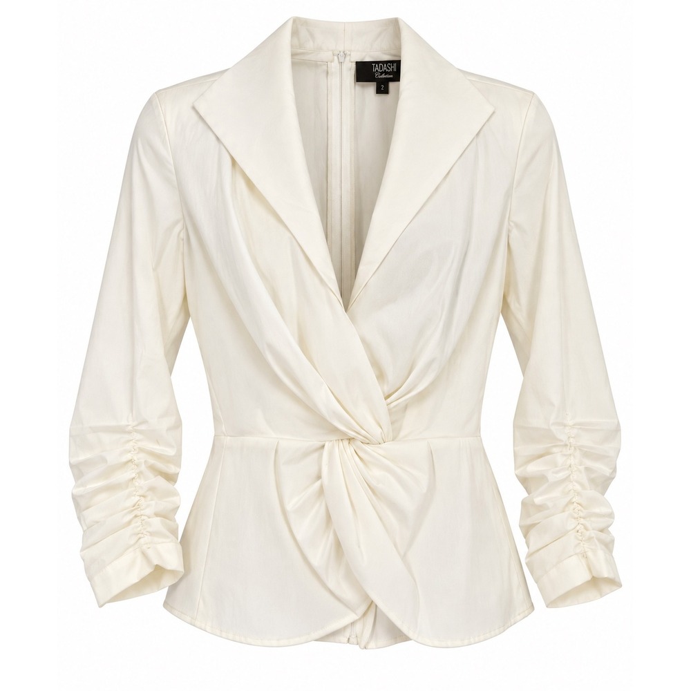 NWT Tadashi Collection Twist Front Blouse Ivory Ruched Sleeve Deep V Peplum 0